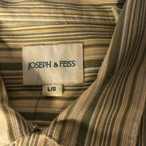 Joseph feiss silk button up dress shirt yellow with green strips mens size large - Picture 2 of 12